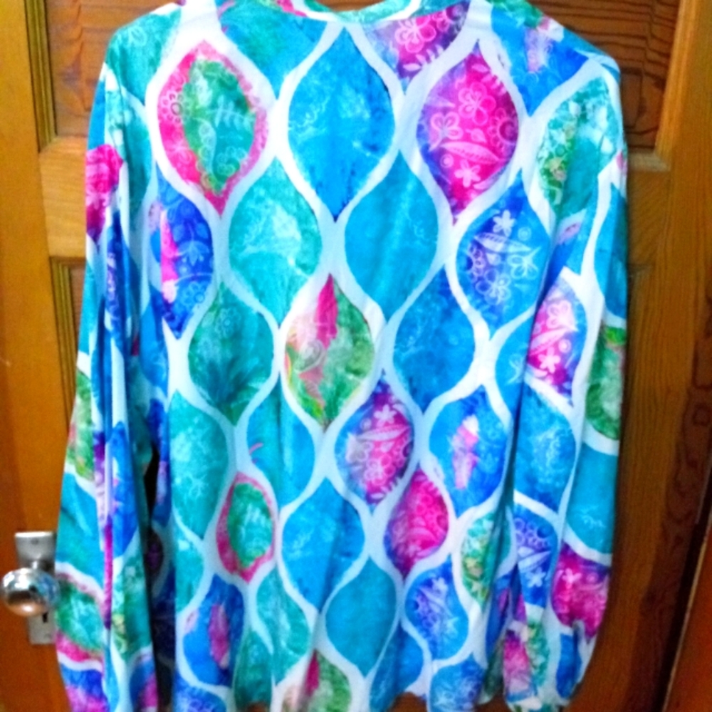 USA Size 2x New Button Up Long Sleeve Multi Colour Patterned Blouse blues greens